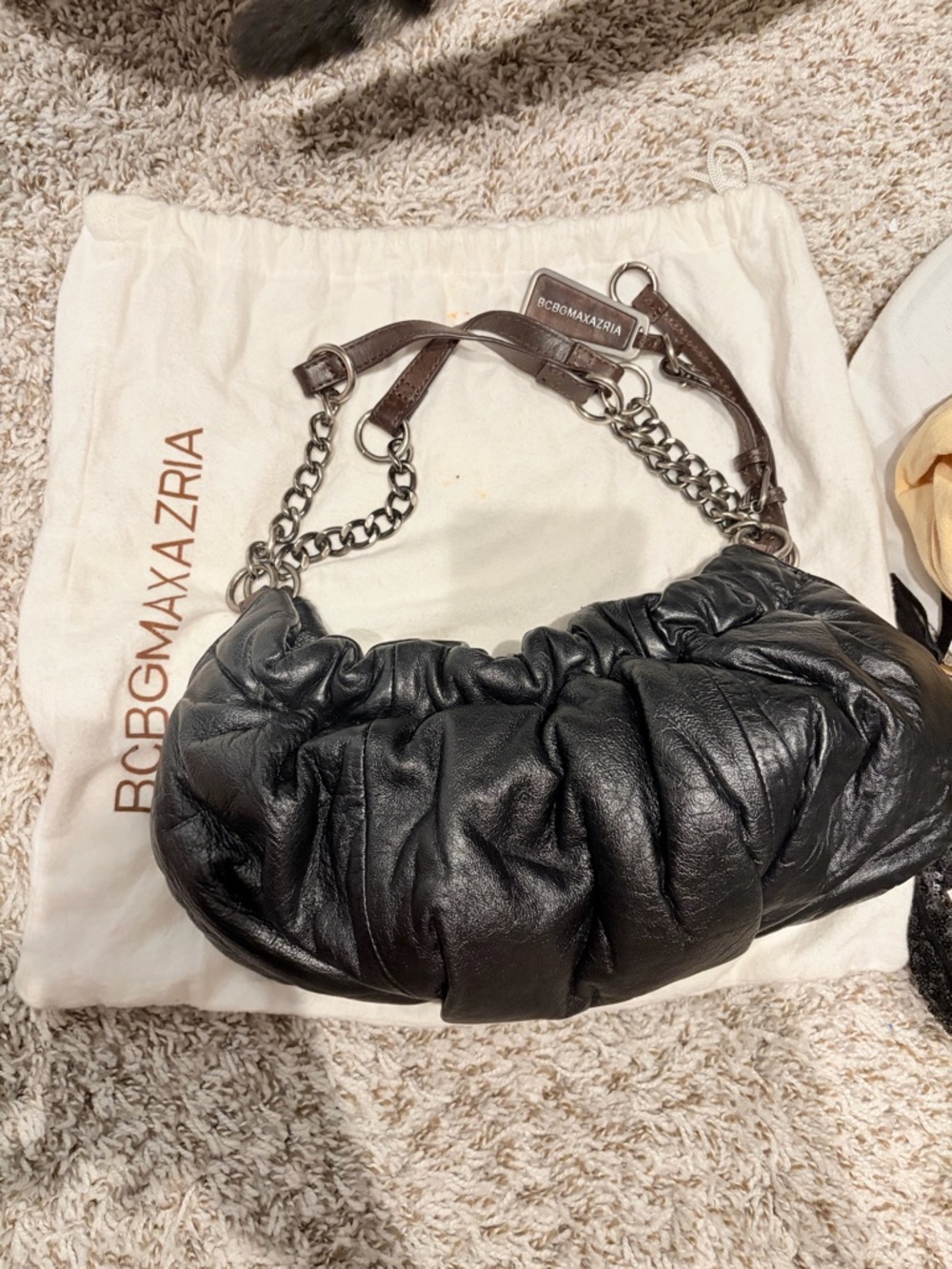 BCBGMAXAZRIA Black Ruched Leather Shoulder Bag